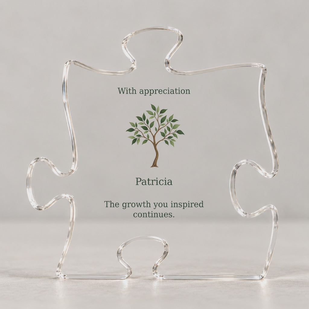 Video of the puzzle plaque with sapling art and the text With appreciation, Patricia, with a close-up of the message.