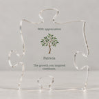 Video of the puzzle plaque with sapling art and the text With appreciation, Patricia, with a close-up of the message.