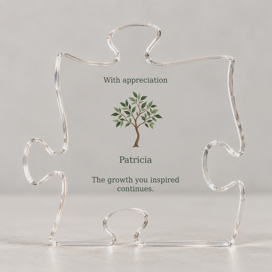 Video of the puzzle plaque with sapling art and the text With appreciation, Patricia, with a close-up of the message.