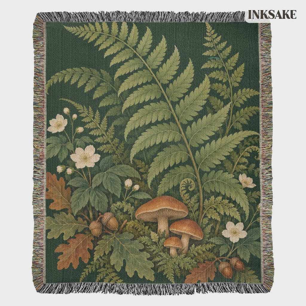 Woodland Garden woven cotton blanket with ferns, mushrooms and wildflowers