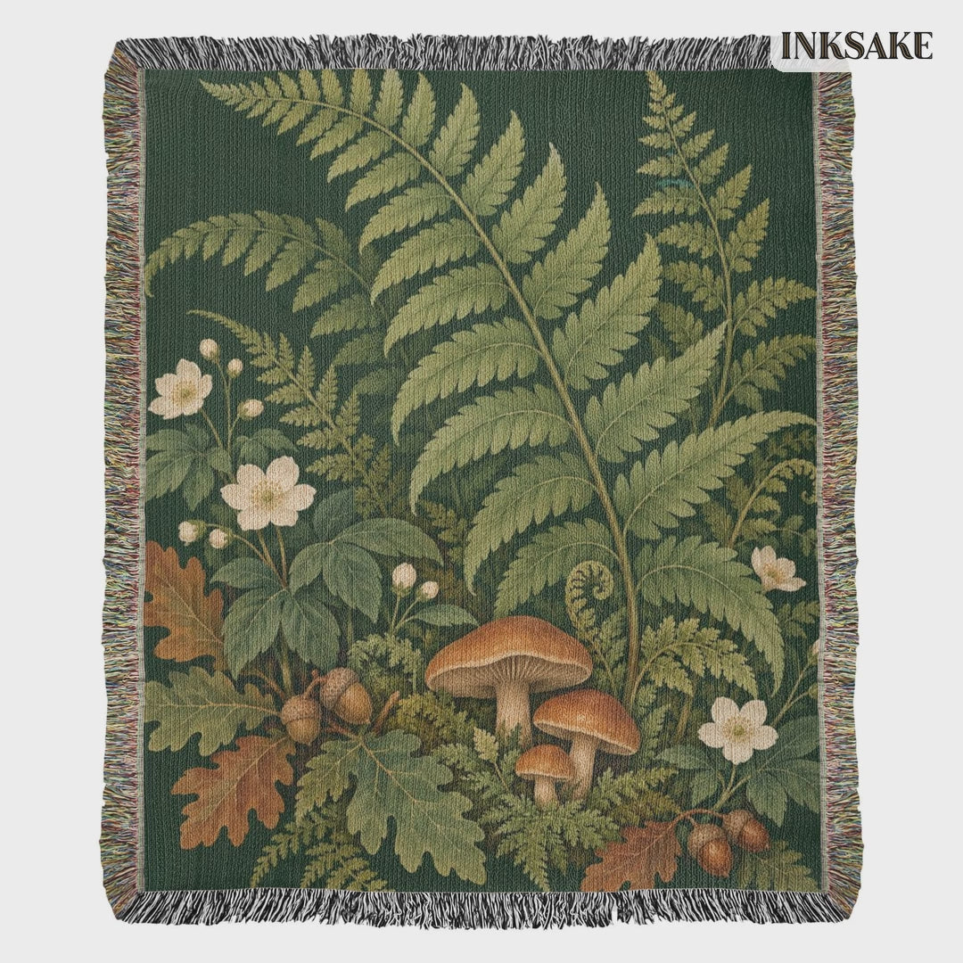 Woodland Garden woven cotton blanket with ferns, mushrooms and wildflowers