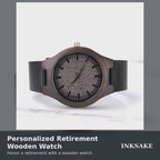 Personalized retirement wooden watch video: front views, wood case details, and the caseback engraved with two lines, 'John Smith' and '35 Years of Service'.