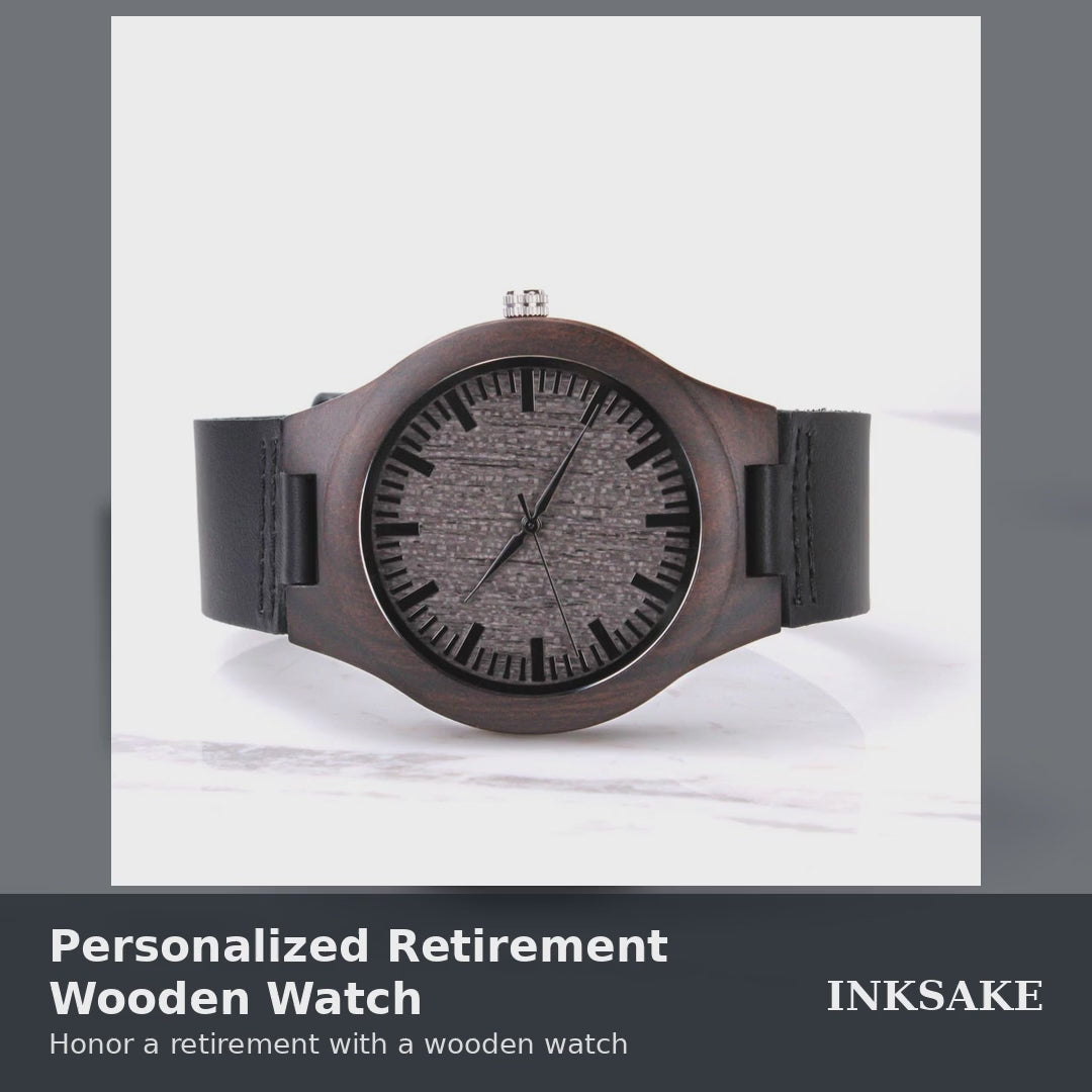 Personalized retirement wooden watch video: front views, wood case details, and the caseback engraved with two lines, 'John Smith' and '35 Years of Service'.