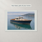 Video of a boat photo canvas with a white border, with 12 x 8 in and 1.5 in depth labels and a wall scene.