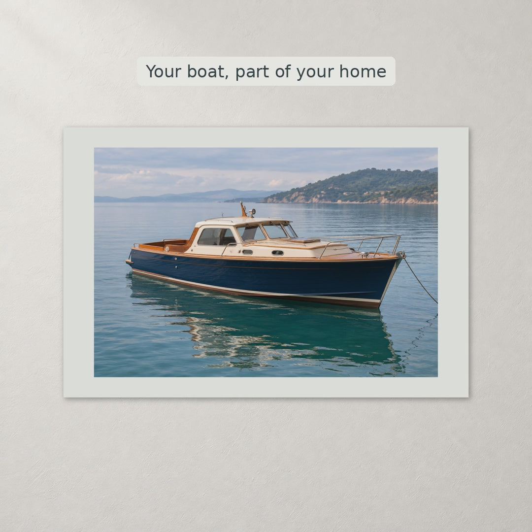 Video of a boat photo canvas with a white border, with 12 x 8 in and 1.5 in depth labels and a wall scene.