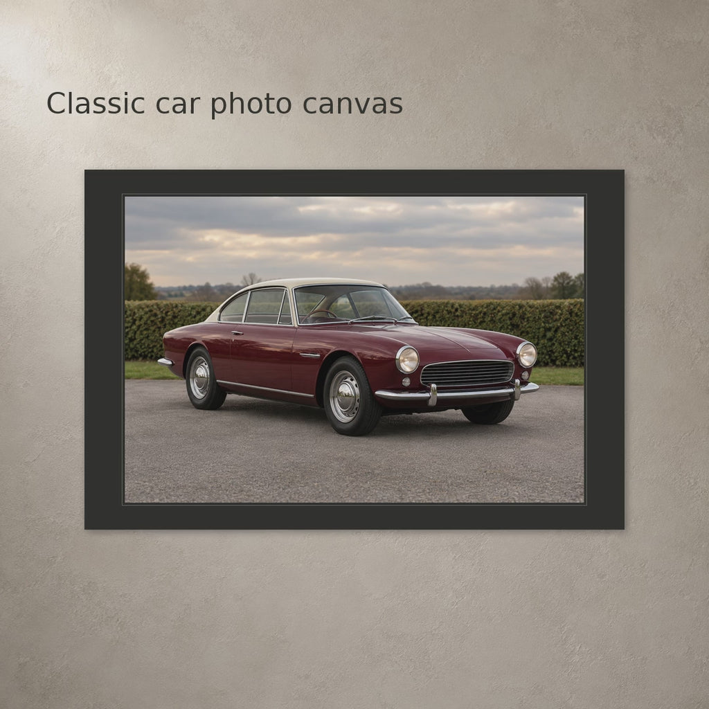 Video of a classic car photo canvas with a black border, with 12 x 8 in and 1.5 in depth labels and a wall scene.