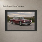 Video of a classic car photo canvas with a black border, with 12 x 8 in and 1.5 in depth labels and a wall scene.