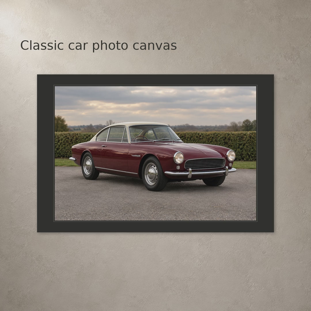 Video of a classic car photo canvas with a black border, with 12 x 8 in and 1.5 in depth labels and a wall scene.