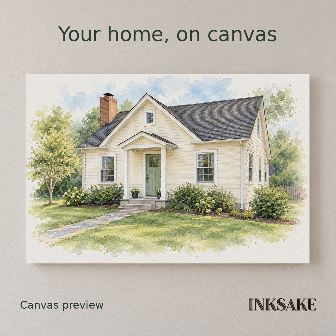 Video of a watercolor house portrait canvas made from a photo, shown beside the original photo.