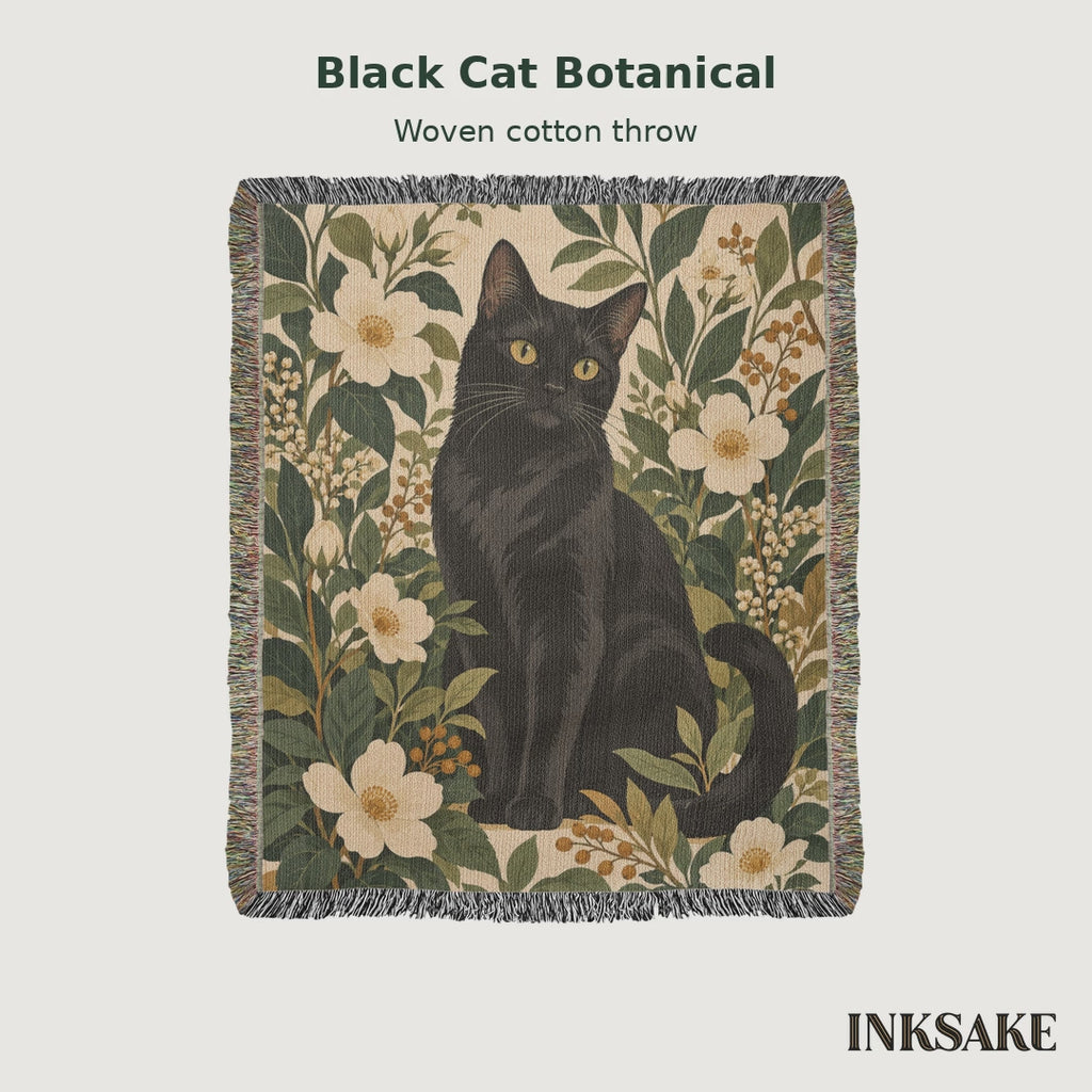Black Cat Botanical woven cotton throw, with woven detail and separate previews of all three sizes.