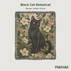 Black Cat Botanical woven cotton throw, with woven detail and separate previews of all three sizes.