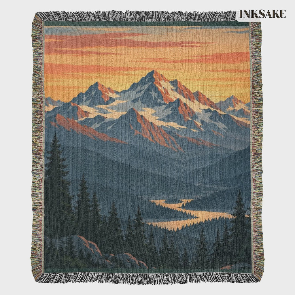 Mountain Sunrise woven cotton blanket with snowcapped peaks, pine valley and fringed edges