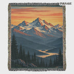 Mountain Sunrise woven cotton blanket with snowcapped peaks, pine valley and fringed edges