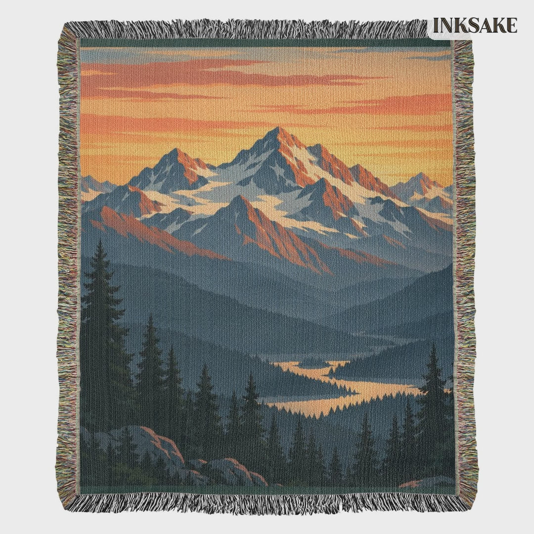 Mountain Sunrise woven cotton blanket with snowcapped peaks, pine valley and fringed edges