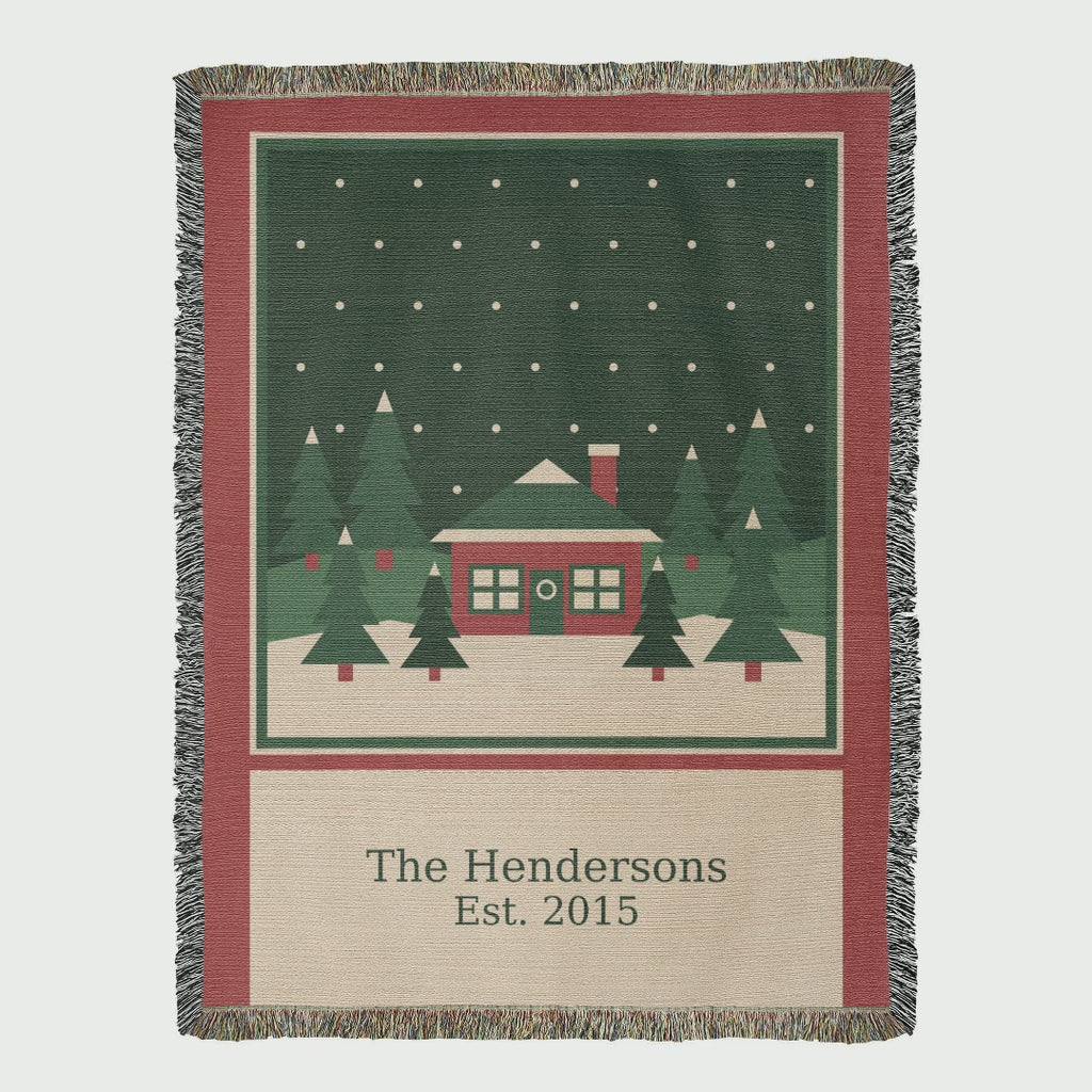 Personalized family name Christmas woven cotton blanket: slow camera moves across the woven name, cabin scene and fringe
