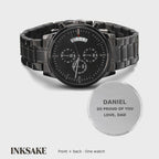 Video of a black chronograph watch with caseback engraved DANIEL, SO PROUD OF YOU, LOVE, DAD, front, back and in hand.