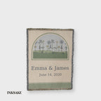 Personalized wildflower anniversary woven blanket in motion, full front with the couple names and wedding date