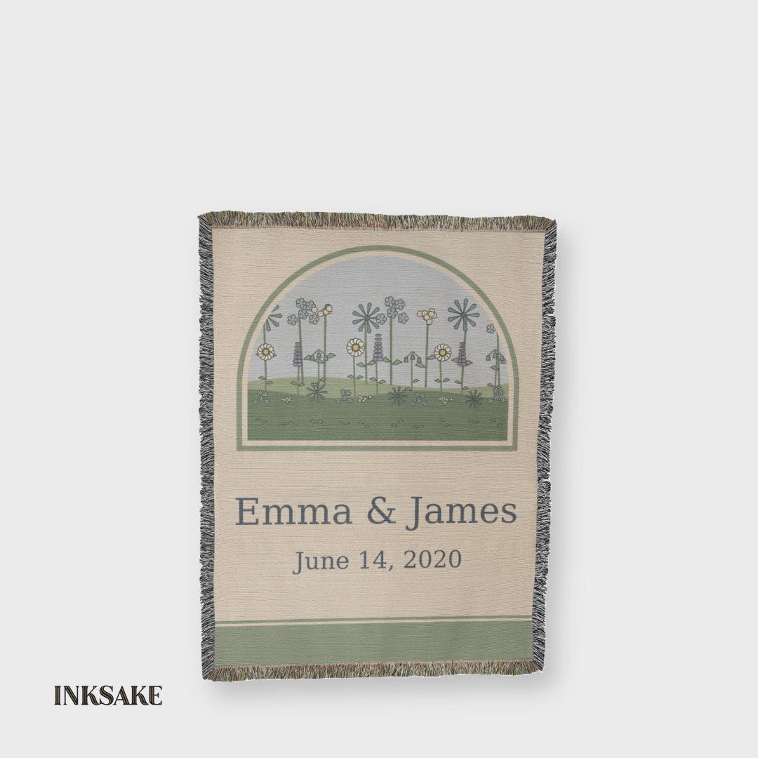 Personalized wildflower anniversary woven blanket in motion, full front with the couple names and wedding date