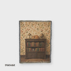 Library cat woven throw: orange tabby folk art in motion, full front