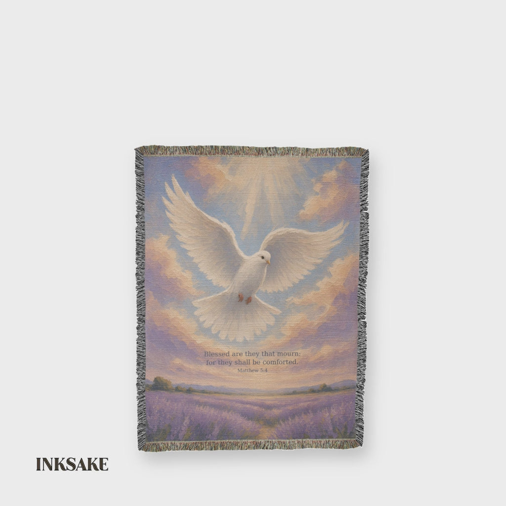 Memorial dove woven throw: white dove rising over a lavender field with the Matthew 5:4 verse in motion, full front