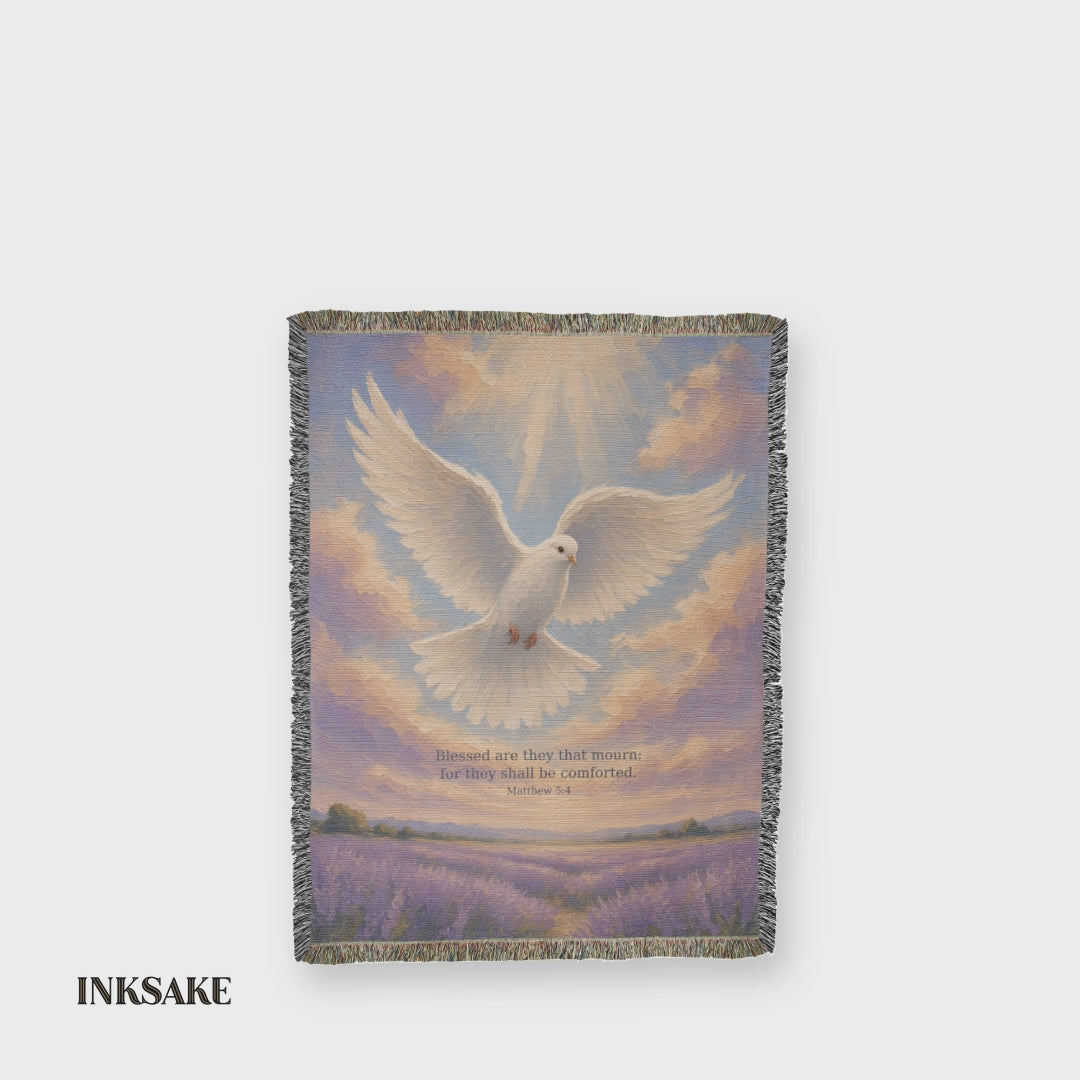Memorial dove woven throw: white dove rising over a lavender field with the Matthew 5:4 verse in motion, full front