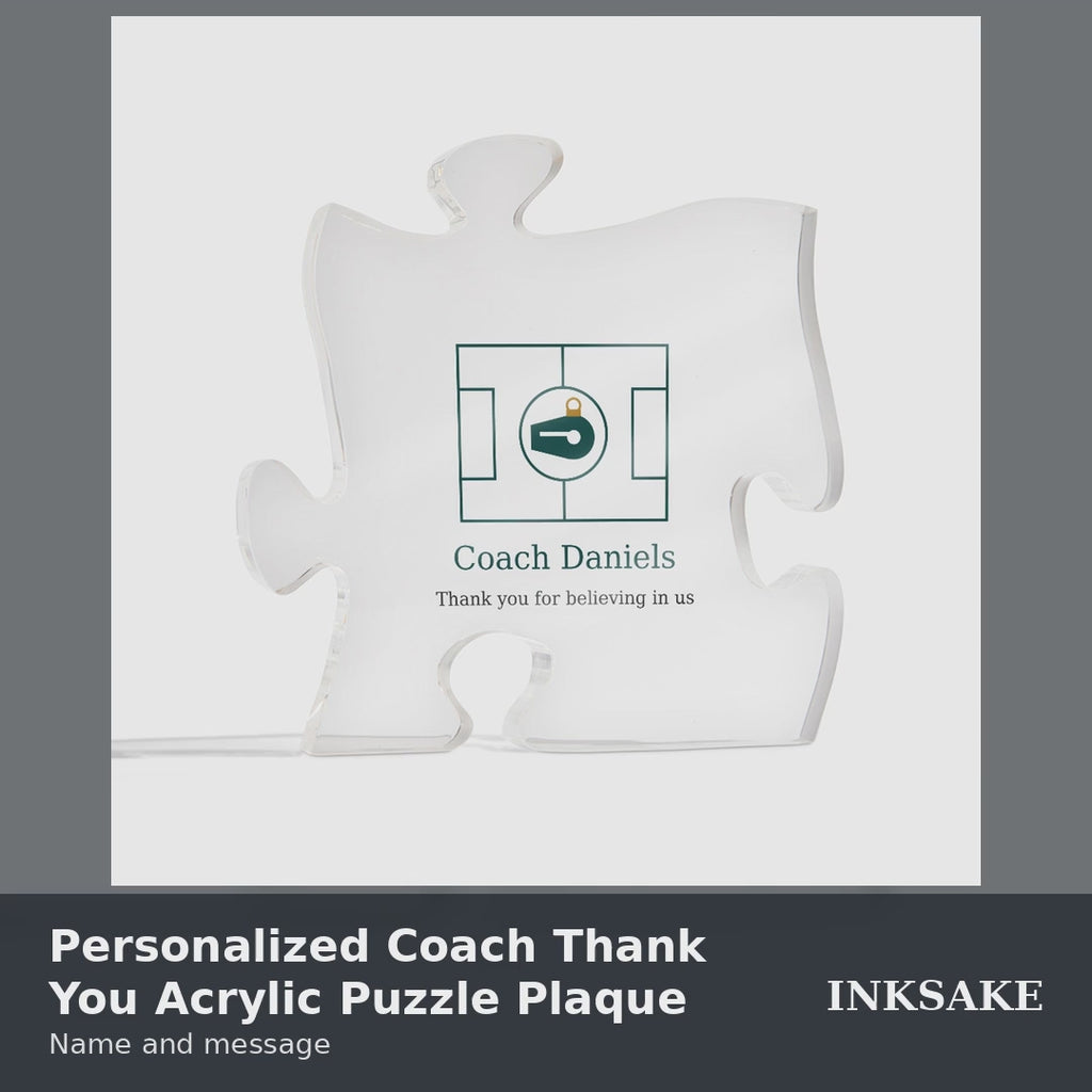 Personalized coach thank you acrylic puzzle plaque video: full view, printed-text close-up, size and acrylic details, and styled views.