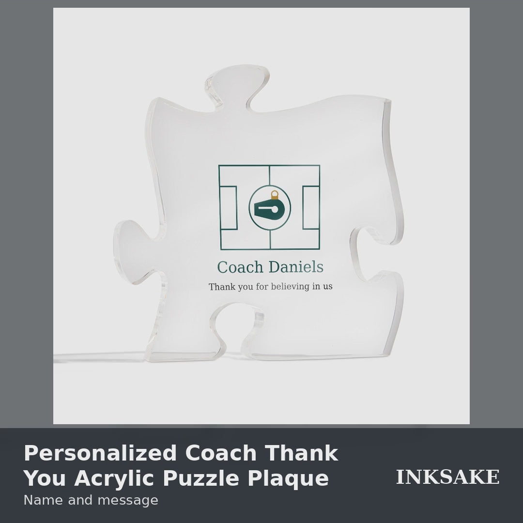 Personalized coach thank you acrylic puzzle plaque video: full view, printed-text close-up, size and acrylic details, and styled views.