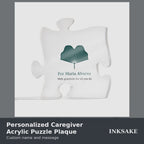 Personalized caregiver acrylic puzzle plaque video: full view, printed-text close-up, size and acrylic details, and styled views.