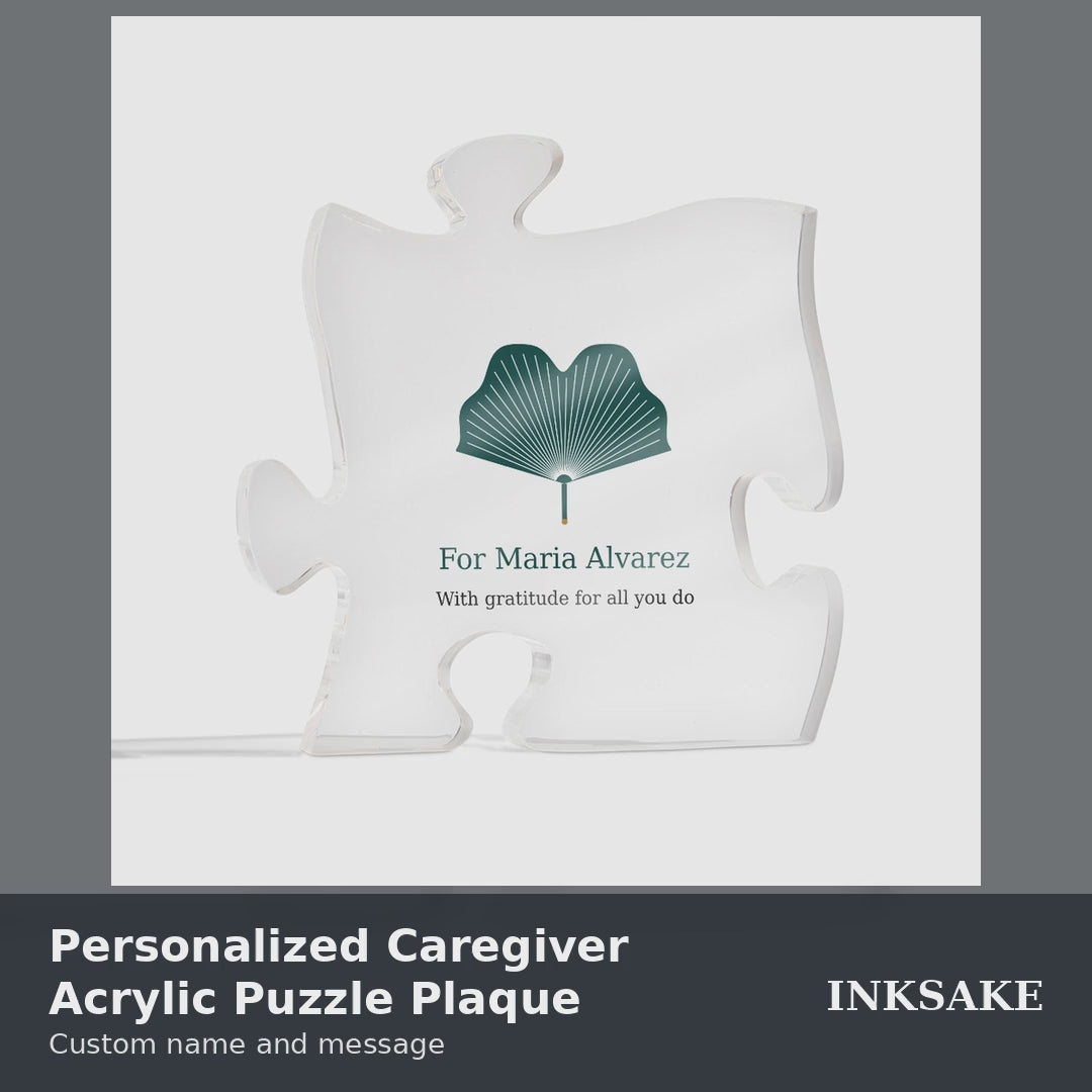 Personalized caregiver acrylic puzzle plaque video: full view, printed-text close-up, size and acrylic details, and styled views.