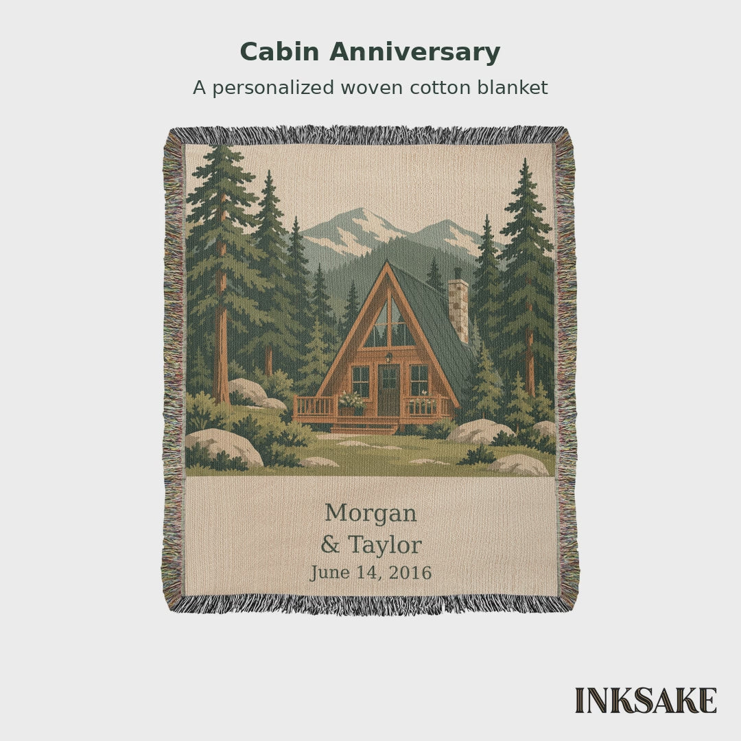 Short video of the cabin anniversary woven blanket: full view, close-up of Morgan & Taylor, June 14, 2016 in Classic Serif, the three sizes (37 x 52, 50 x 60, 60 x 80 inches, previews not to scale) and a close look at the fringed edge