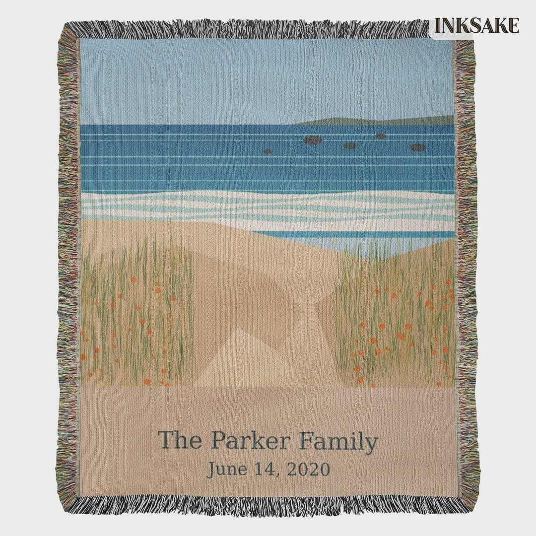 Personalized Coastal woven blanket with The Parker Family and the date June 14, 2020