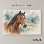 Horse photo-to-watercolor transformation from an original photograph to its artwork, with one unframed canvas and a 24 by 16 inch room display.