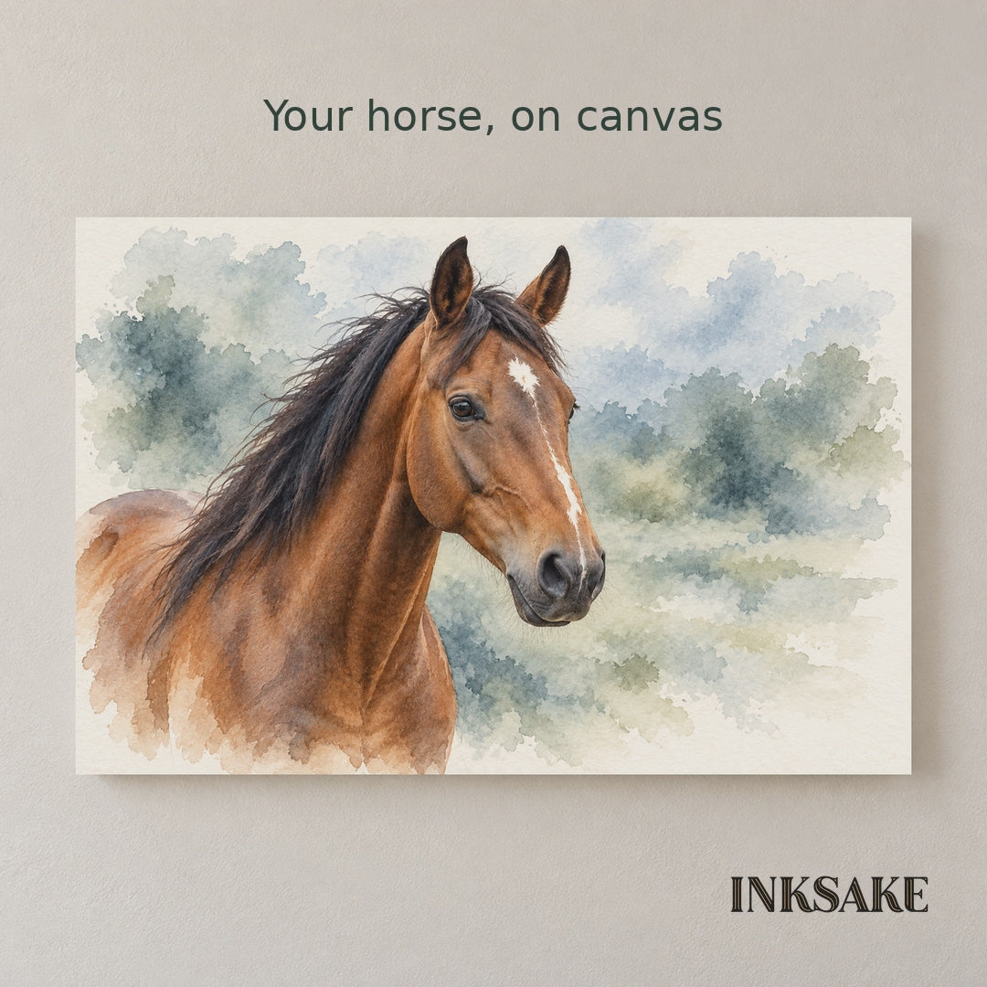 Horse photo-to-watercolor transformation from an original photograph to its artwork, with one unframed canvas and a 24 by 16 inch room display.