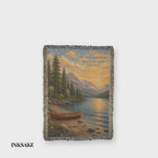 Be Still lake woven throw with a red canoe and Psalm 46:10 in motion, full front