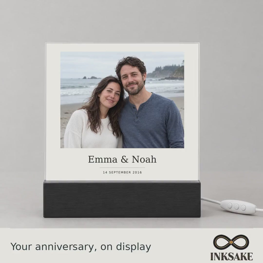 Personalized anniversary photo plaque with names and date on a color-changing LED base