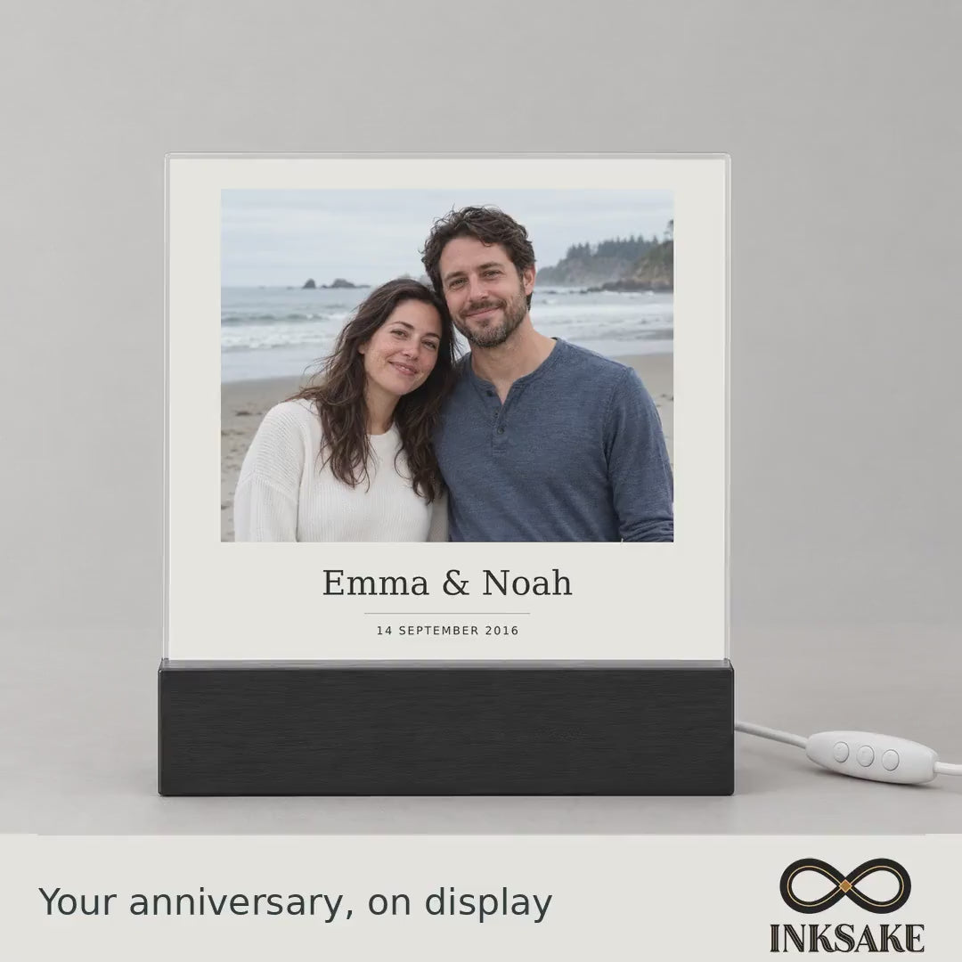 Personalized anniversary photo plaque with names and date on a color-changing LED base