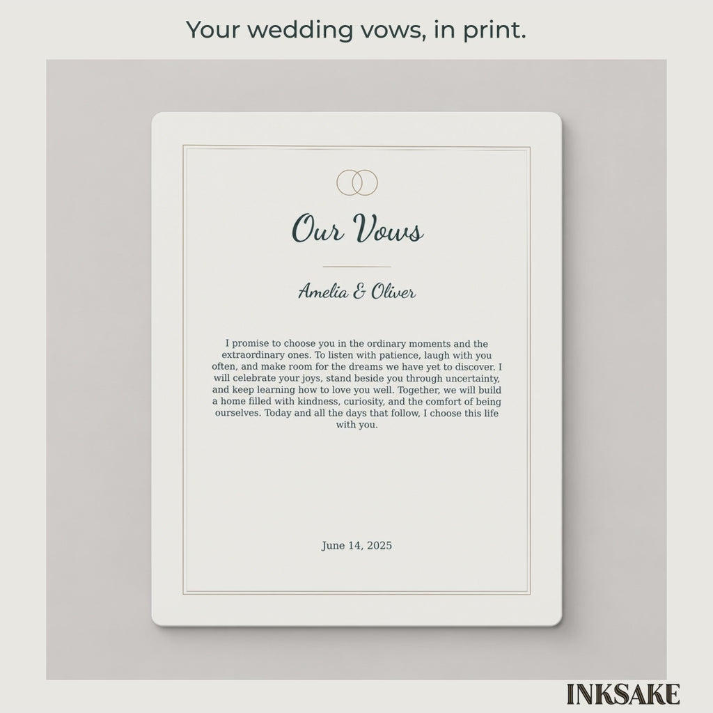 Personalized wedding vows aluminum print, showing the complete design, glossy finish and size options.