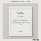 Personalized wedding vows aluminum print, showing the complete design, glossy finish and size options.