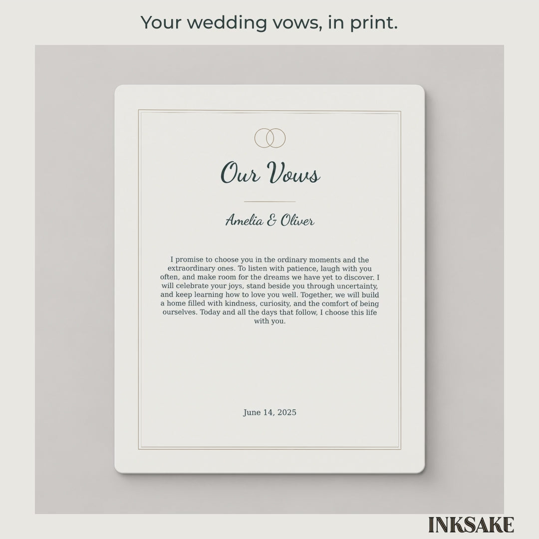 Personalized wedding vows aluminum print, showing the complete design, glossy finish and size options.