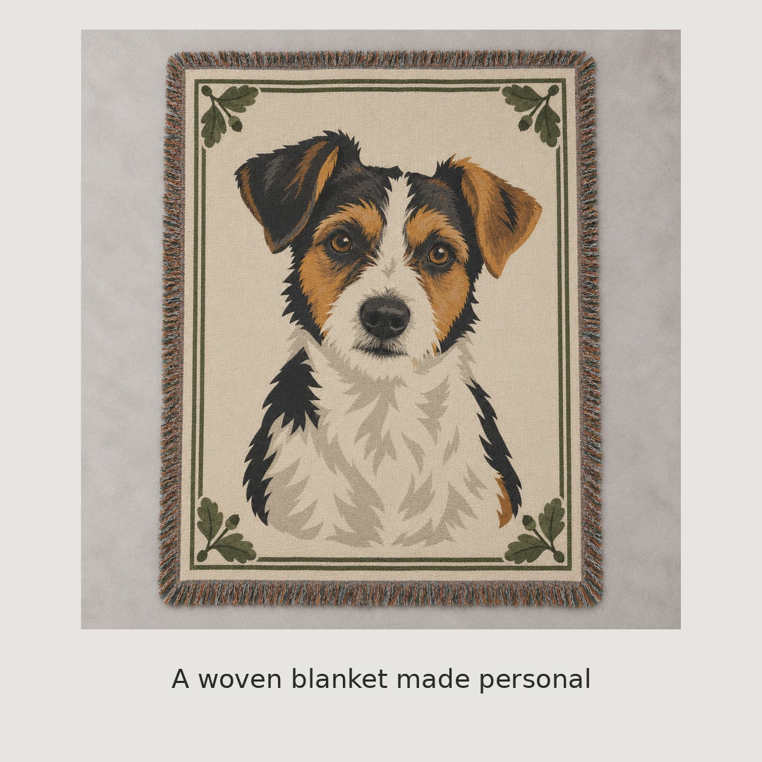Woven pet portrait blanket showcase: original photo to artwork, product views and original Inksake lettering.