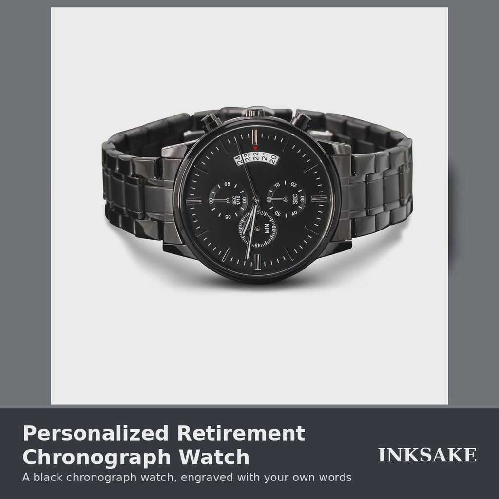 Personalized retirement chronograph watch video: front views, specs, and the caseback engraved with two lines, 'John Smith' and '35 Years of Service'.