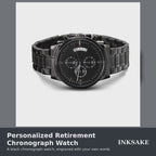 Personalized retirement chronograph watch video: front views, specs, and the caseback engraved with two lines, 'John Smith' and '35 Years of Service'.