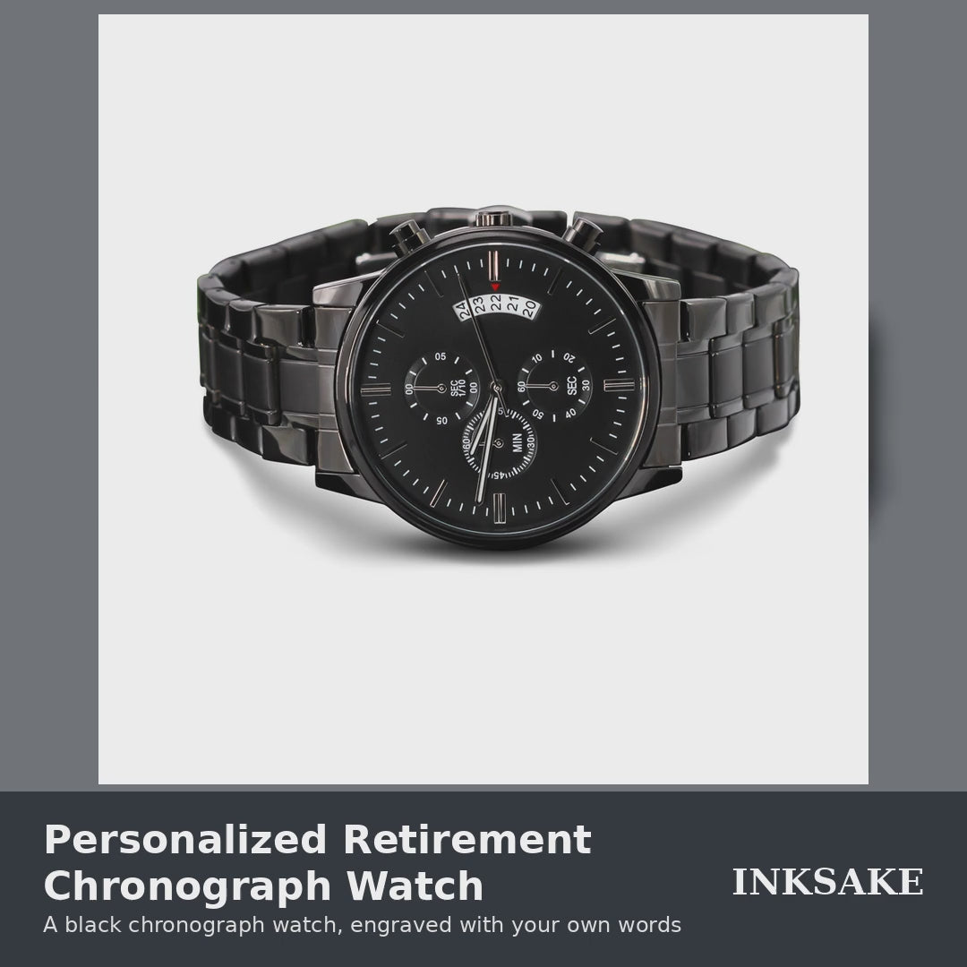 Personalized retirement chronograph watch video: front views, specs, and the caseback engraved with two lines, 'John Smith' and '35 Years of Service'.