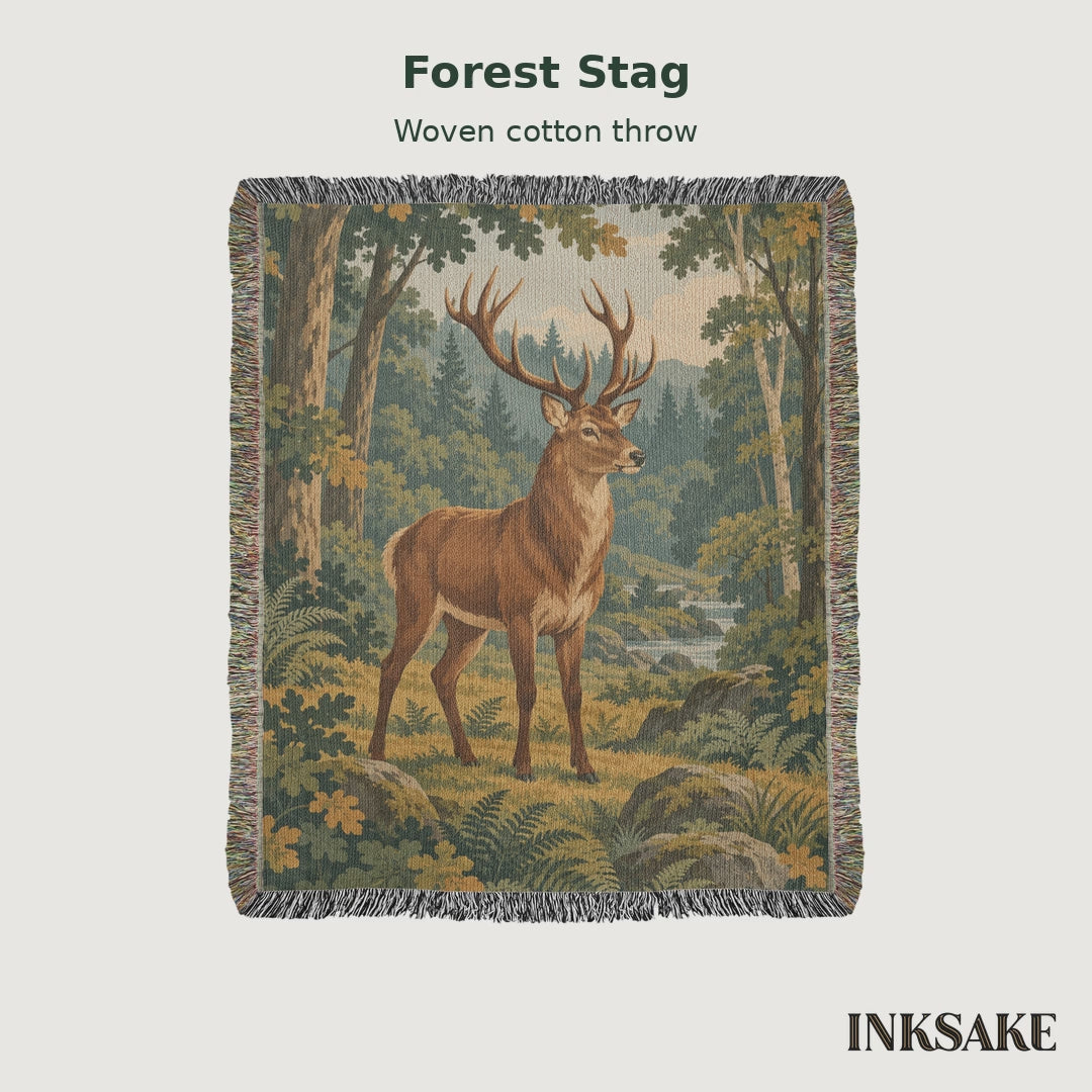Forest Stag woven cotton throw, with weave details and separate previews of all three sizes.