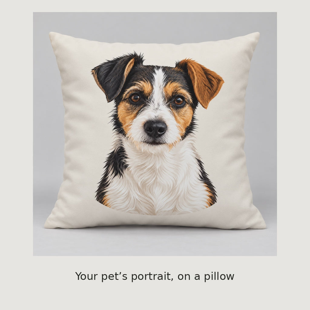 Pet portrait pillow showcase: original photo to artwork, product views and original Inksake lettering.