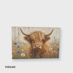 Highland cow canvas wall art in motion, full front of the painterly cow in a wildflower field on whitewashed barn wood