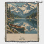 Personalized Mountain Lake woven blanket with the names Emma & James and the date June 14, 2020