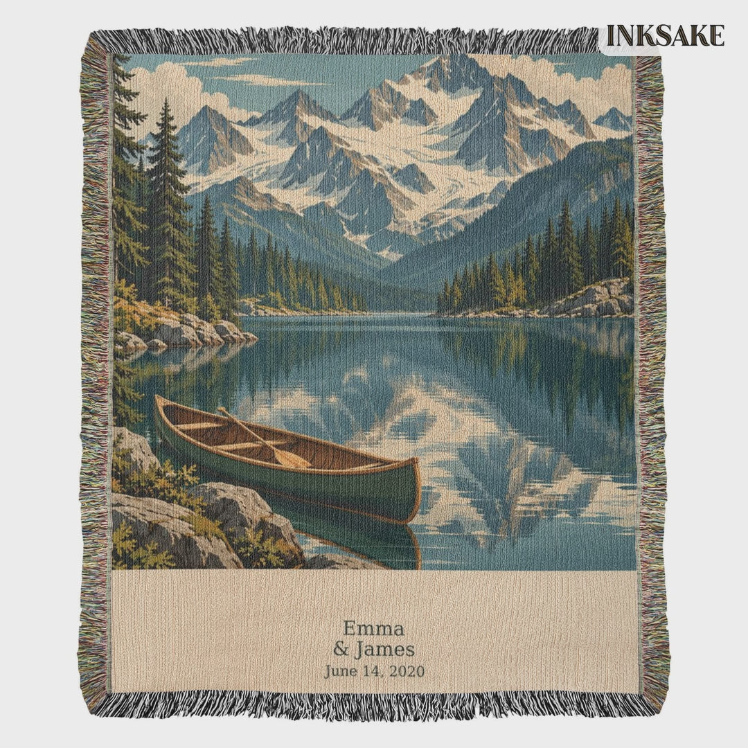 Personalized Mountain Lake woven blanket with the names Emma & James and the date June 14, 2020