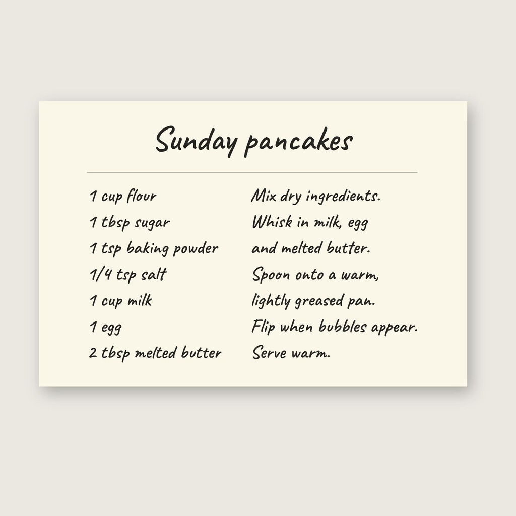 Custom recipe canvas showing the complete Sunday pancakes recipe and a printed ivory-toned border.