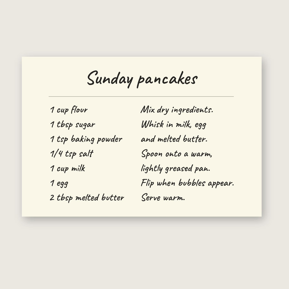 Custom recipe canvas showing the complete Sunday pancakes recipe and a printed ivory-toned border.